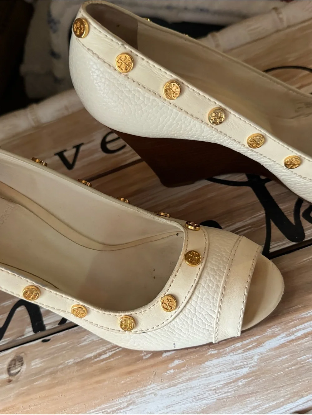 Tory Burch White Leather Peep-Toe Wedges with Gold Studs